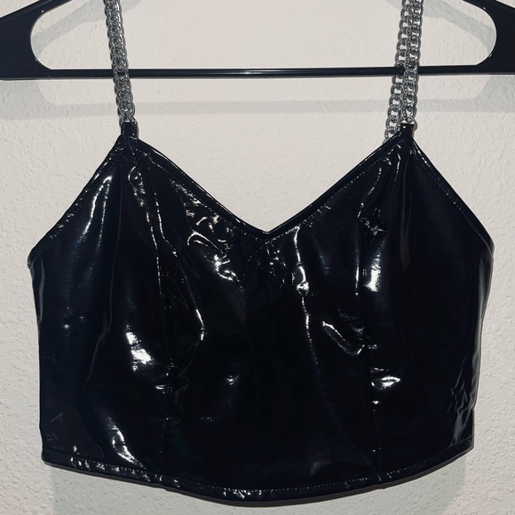 Women Faux Patent Leather Vest Bustier Crop Tops Punk Strap Shiny Zip Chain - Picture 4 of 4